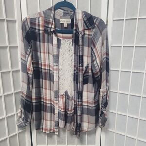Knox Rose Plaid Button Down Shirt with Lace Back and Roll Sleeves